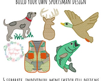 5 separate, individual mini sketch fill hunting and fishing quick stitch machine embroidery design file