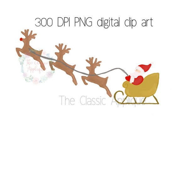 Christmas Santa Claus In Sleigh Pulling Reindeer Watercolor Png Printable Digital Watercolor Clip Art File For Sublimation Htv And More