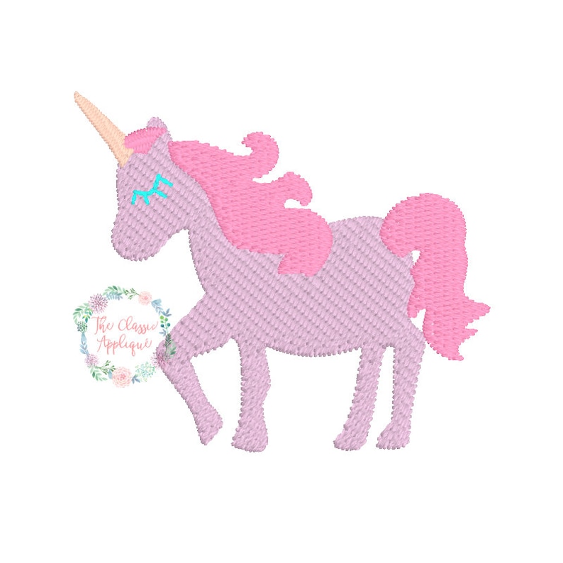 May include: A pink unicorn with a light pink mane and tail. The unicorn has a light yellow horn and blue eyes.