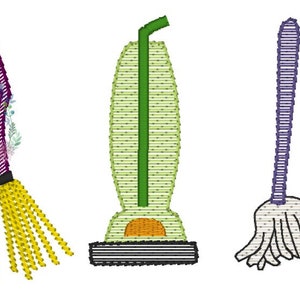 May include: Three embroidered cleaning tools: a purple-handled broom, a green vacuum cleaner, and a purple-handled mop with a white head.