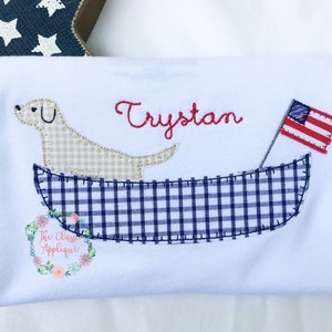 Patriotische Hund im See Kanu mit amerikanischen Flagge Decke Stich Applikation Maschine Stickerei Design-Datei