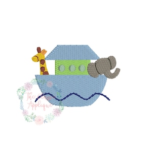 May include: A blue and green ark with a giraffe and elephant on board, floating on blue waves.