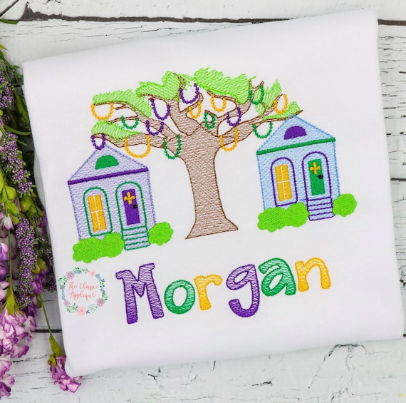 Mardi Gras tree with beads and New Orleans architectural houses sketch fill, light fill quick stitch machine embroidery design file