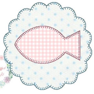 May include: A pink and white gingham fish applique with a scalloped edge. The fish is on a blue and white background with white polka dots.