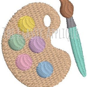 May include: A wooden artist's palette with five paint wells in various colors, including yellow, green, pink, purple, and blue. A paintbrush with a brown handle and a teal brush is next to the palette.