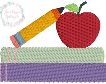 Libros de regreso a la escuela con archivo de diseño de bordado de máquina de punto de relleno mini manzana por The Classic Applique