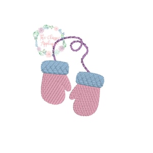 May include: A pair of pink mittens with blue cuffs and a purple string connecting them. The mittens are embroidered with a textured pattern.