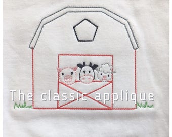 barn with pig, cow, and lamb vintage quick bean stitch design file for embroidery