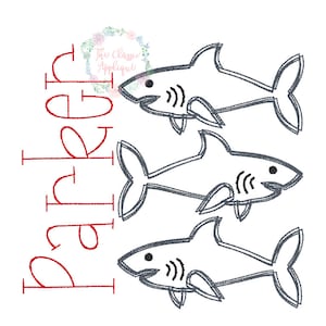 Summer sharks trio doodle vintage stitch, quick stitch machine embroidery design file