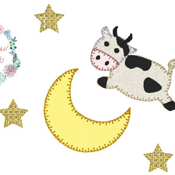 nursery rhyme cow jumped over the moon blanket stitch applique design file for embroidery