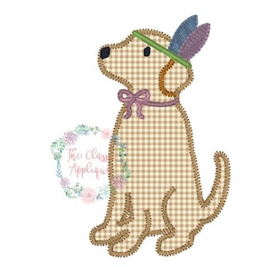 Thanksgiving girl lab dog with Indian feather headband and bow collar zig zag applique machine embroidery design