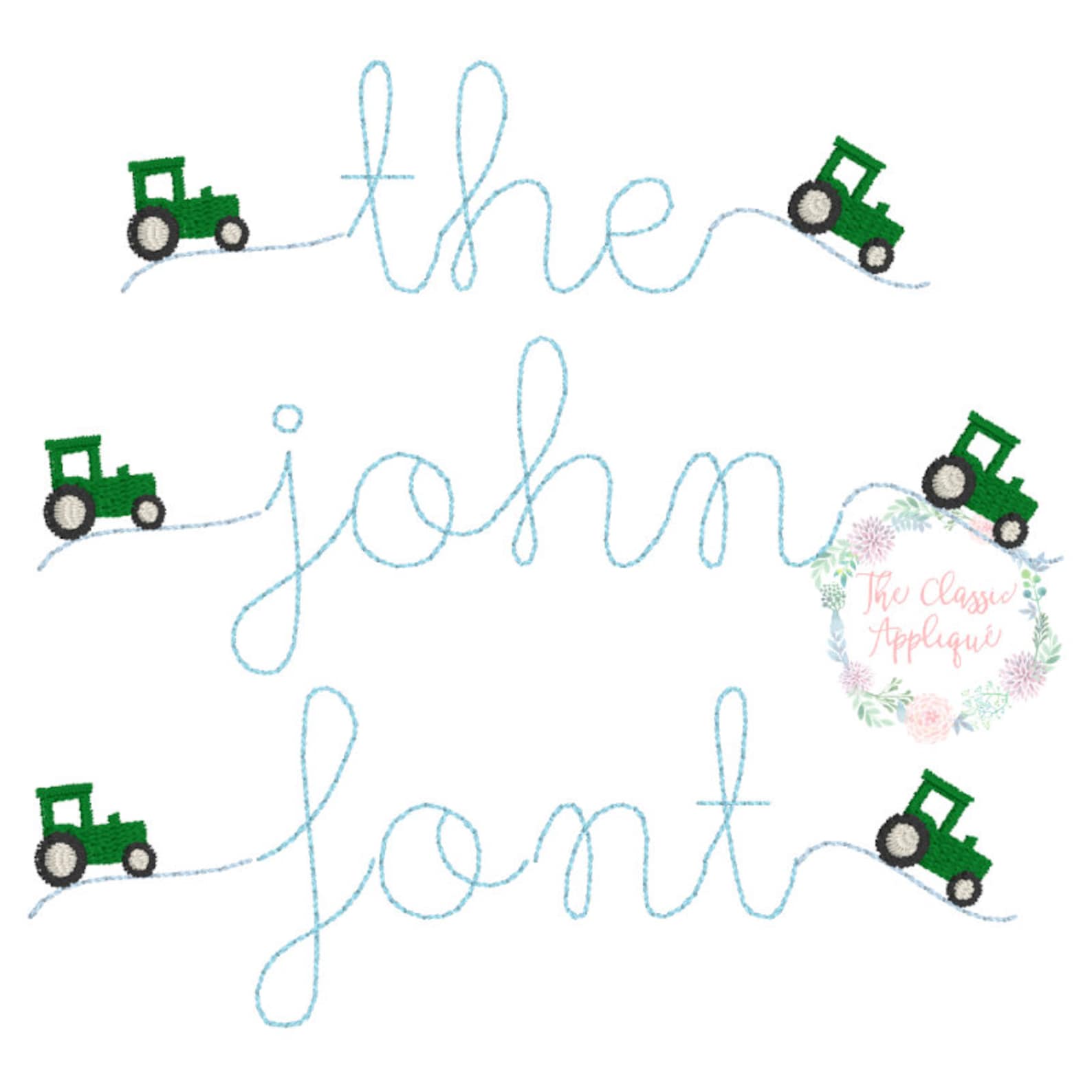 John Vintage Stitch, Bean Stitch Font With Tractor Swashes Machine ...