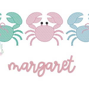 Summer girl crab trio with bow sketch fill, light fill, quick stitch machine embroidery design file