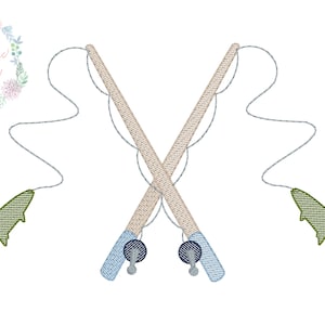 Fishing poles with fish sketch fill, light fill, quick stitch machine embroidery design file