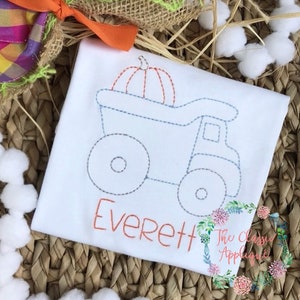 Fall boy dump truck with pumpkin vintage stitch, quick stitch design file for embroidery