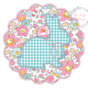 Easter bunny rabbit in scallop patch zig zag applique machine embroidery design file