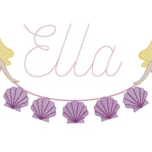 May include: Two mermaid figures with blonde hair and pink tops holding a string of purple seashells with the name "Ella" in pink cursive lettering.