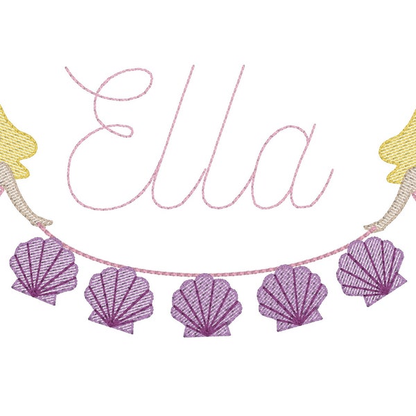 Summer mermaids holding seashells monogram frame sketch fill, light fill, quick stitch machine embroidery design