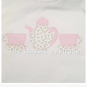 teacups and teapot blanket stitch applique vintage style design file for embroidery