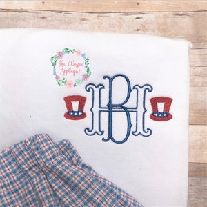 May include: A blue monogram with the letters "RH" in a traditional style, with two red, white, and blue Uncle Sam hats on either side. The text "The Classic Applique" is in a wreath above the monogram.