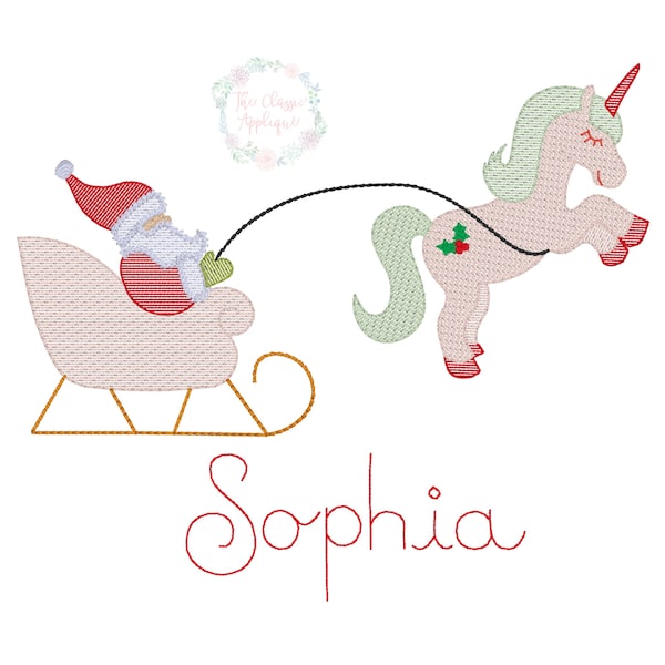 Christmas Unicorn pulling Santa sleigh sketch fill, light fill, quick stitch machine embroidery design file
