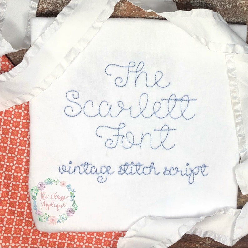 The Scarlett font, vintage stitch, quick stitch, script, machine embroidery design file in .5 inch, 1 inch, 1.5 inch, and 2 inch 画像 1