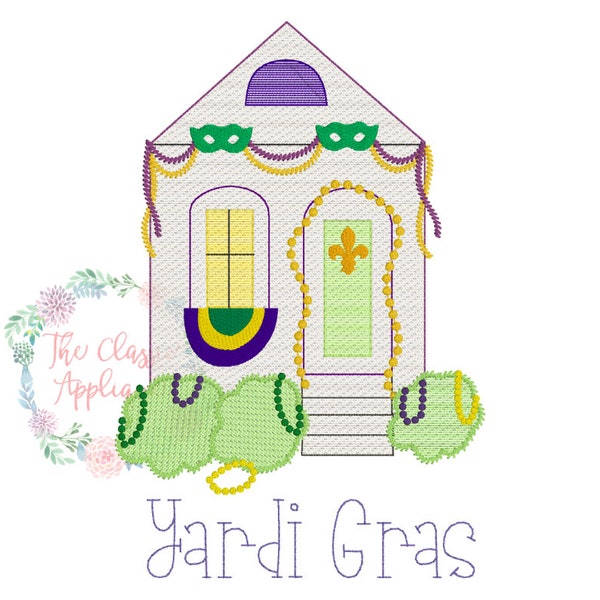 Mardi Gras shotgun style house with beads and decorations sketch fill, light fill, quick stitch machine embroidery design file