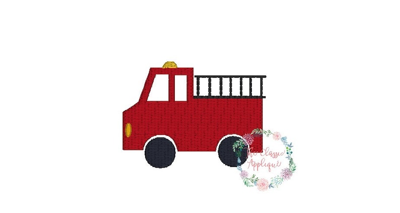May include: A red fire truck with a yellow light on top and black ladder rungs. The truck has black wheels.