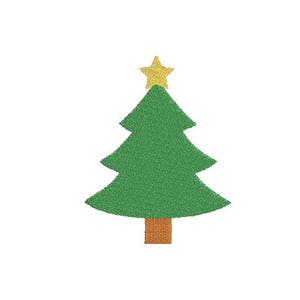 May include: A green Christmas tree with a yellow star on top and a brown trunk.