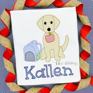 Back to school lab puppy dog with apple and back pack sketch fill, light fill, quick stitch machine embroidery design file