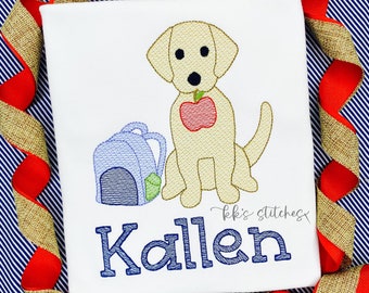 Back to school lab puppy dog with apple and back pack sketch fill, light fill, quick stitch machine embroidery design file