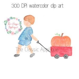 Ragazzo caduta acquerello PNG Download digitale clip art bambino tirando carro rosso con zucca