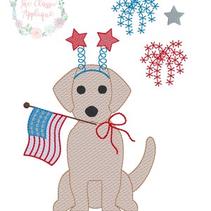 patriotic lab puppy dog with bow and fireworks with flag sketch fill, light fill, quick stitch machine embroidery design file