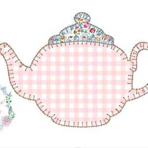 May include: A pink and white gingham teapot with a floral lid. The teapot is outlined with a brown stitch. The text "The Classic Applique" is in a wreath of flowers.