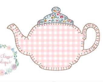 vintage style, blanket stitch finish teapot applique machine emboidery design file