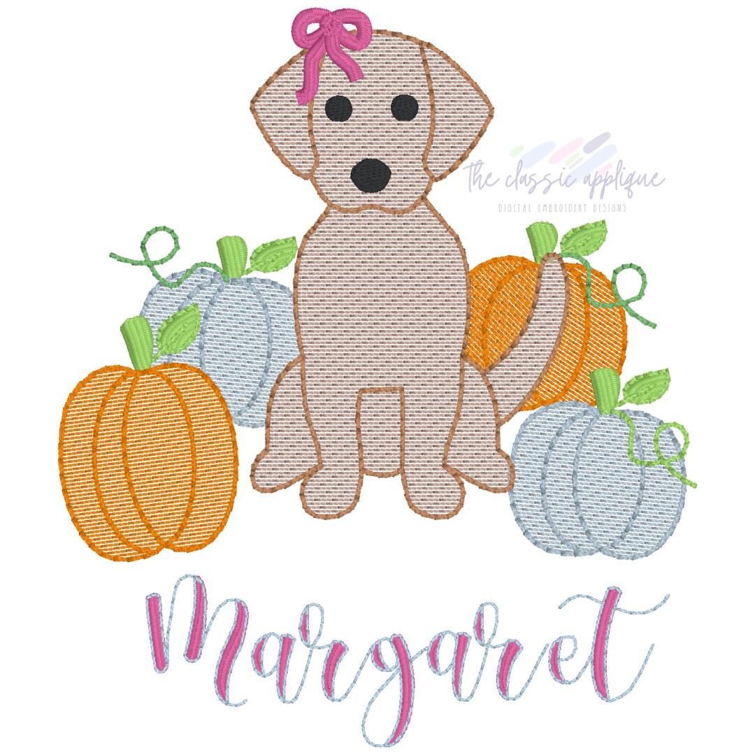 Fall Autumn Lab Puppy Dog With Bow and Pumpkins Sketch Fill, Quick ...