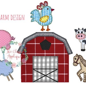 6 separate and individual blanket stitch applique &quot;Build Your Own&quot; farm scene with a barn, pig, horse, cow, rooster, and lamb embroidery
