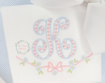 vintage, heirloom inspired bow with floral accents monogram frame embroidery design file in 4.5 and 5.5 inch