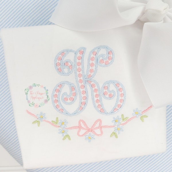 vintage, heirloom inspired bow with floral accents monogram frame embroidery design file in 4.5 and 5.5 inch