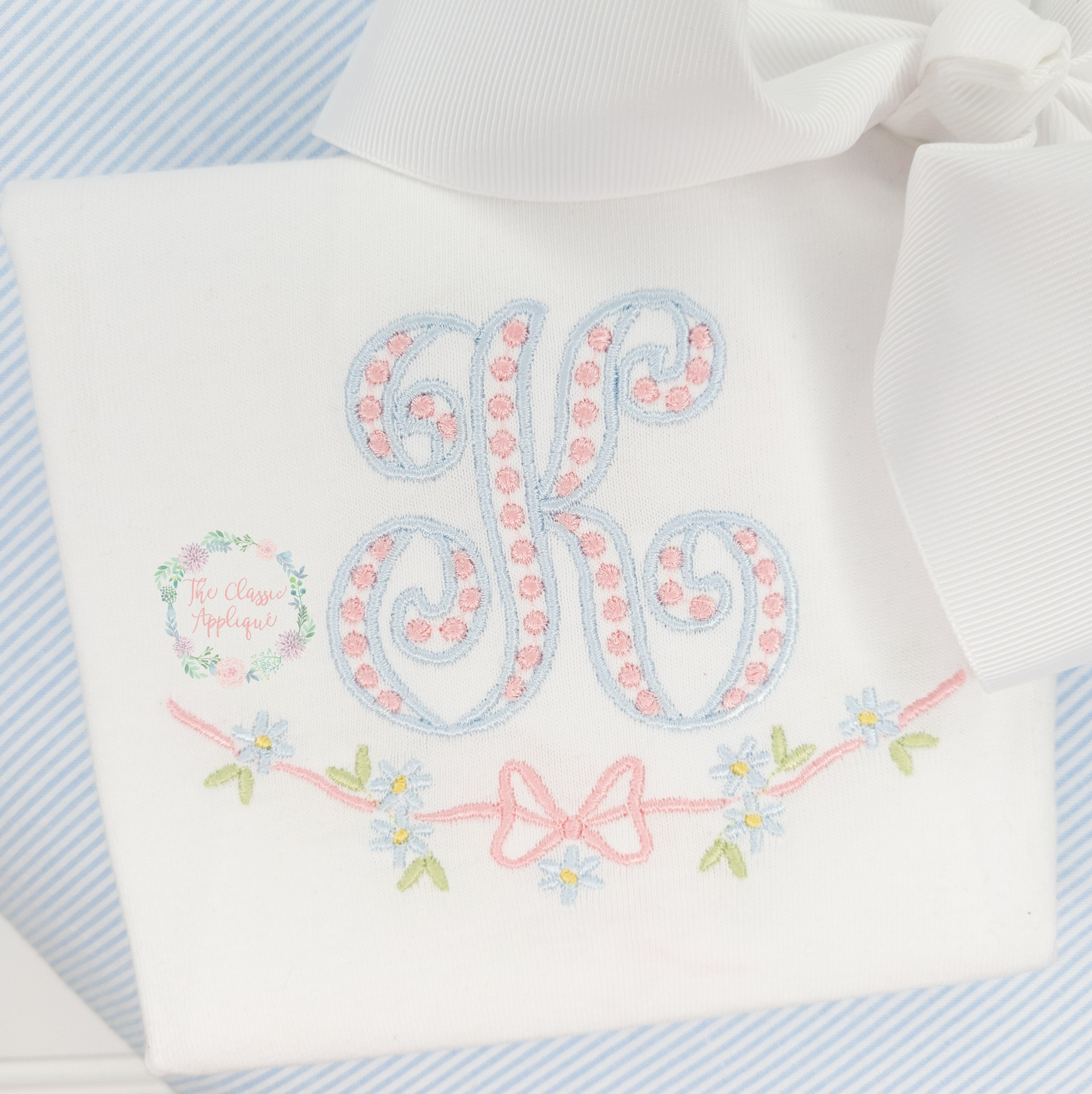 vintage, heirloom inspired bow with floral accents monogram frame emb…