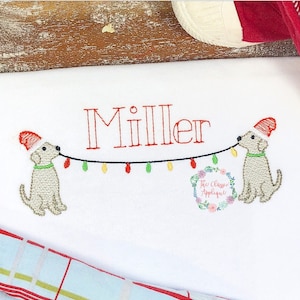 Christmas dogs with Santa hats holding Christmas lights sketch fill, light fill, quick stitch machine embroidery design