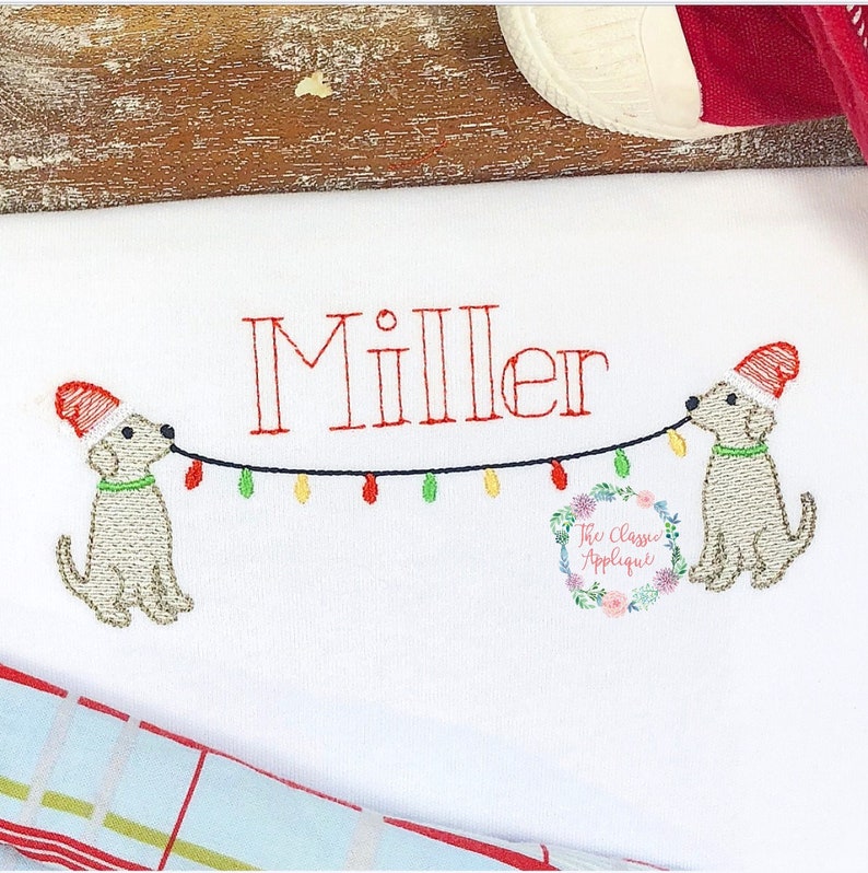 Christmas dogs with Santa hats holding Christmas lights sketch fill, light fill, quick stitch machine embroidery design image 1