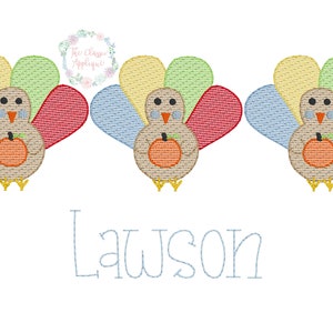Thanksgiving turkey trio holding pumpkin sketch fill, light fill, quick stitch machine embroidery design file