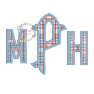Op de afbeelding: De letters MPH zijn geborduurd met een blauwe omtrek en een rood-blauw ruitpatroon erin.