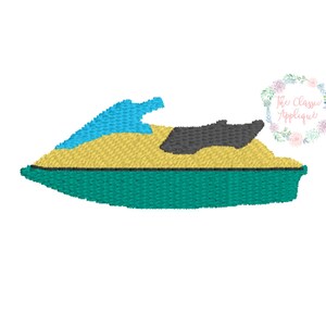 May include: A yellow and green jet ski with a blue windshield. The jet ski is a popular watercraft for recreational use.