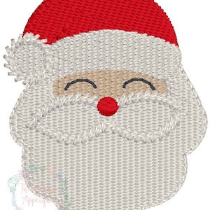 May include: A white and red embroidered Santa Claus face with a white beard and a red hat. The Santa Claus is smiling with closed eyes.