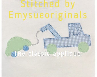 tow truck with car blanket stitch, vintage style applique embroidery design file