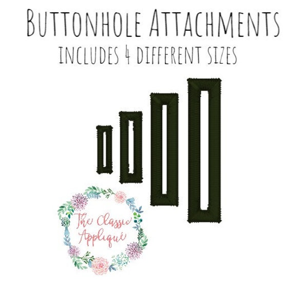 Buttonhole attachments for applique tabs, sewing, and more in four sizes for machine embroidery