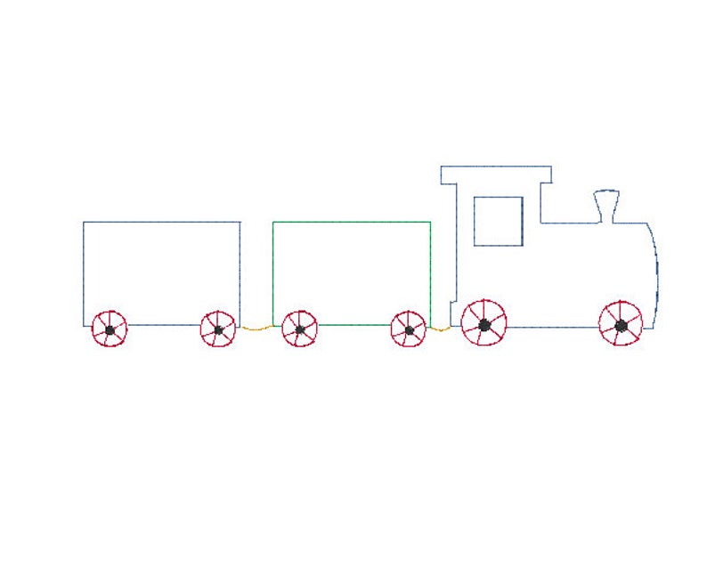 May include: A simple line drawing of a blue train with three cars. The train has red wheels and black centers. The train is on a white background.