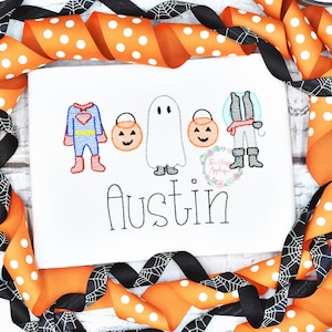 Boy Halloween costumes with jack of lanterns sketch fill, light fill, quick stitch machine embroidery design file